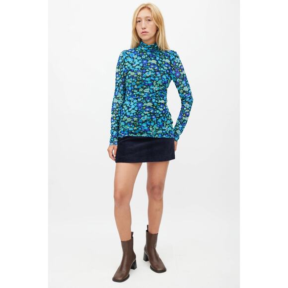 GANNI Mesh Turtle Neck Top‎ Long Sleeves Blue Flower Women’s Size 36 (US 4) - Picture 9 of 9